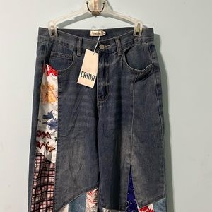 URSIME Boho Patchwork Denim High Rise Flare Jeans size M 28 Waist NEW